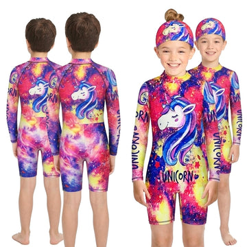 FULL PRINT UNICORN FULL SLEEVE SWIMMING SUIT WITH CAP ( 2Y TO 14Y)